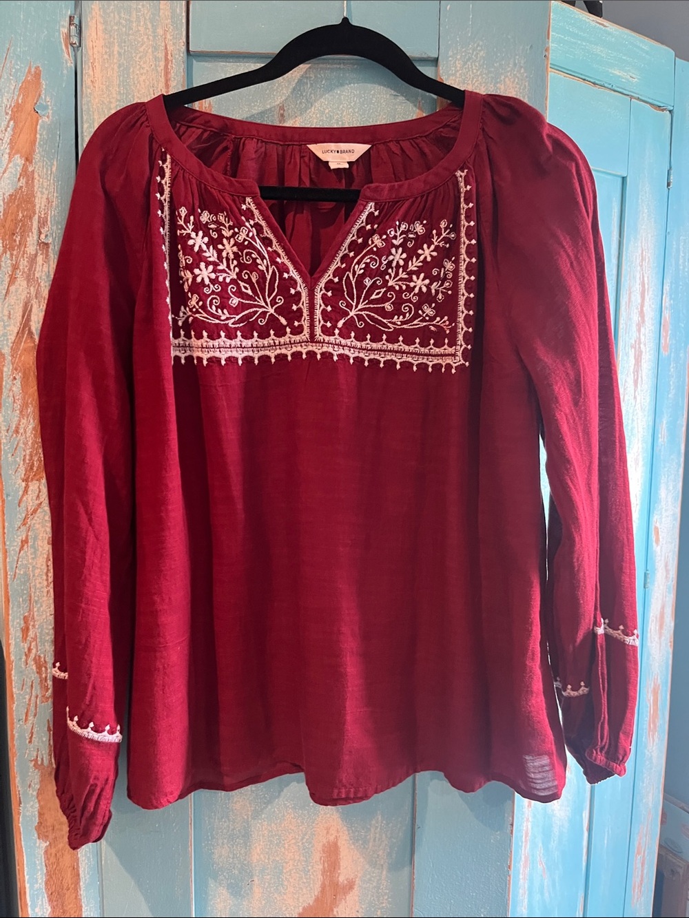 Lucky Brand Burgundy Tunic with White Embroidery